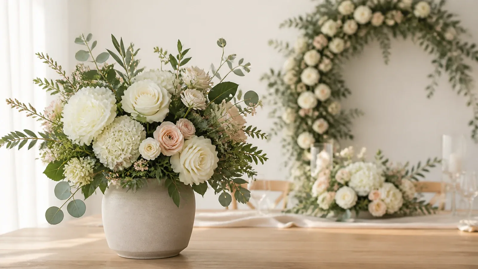 Bouquet, arche et centre de table en fleurs artificielles pour un mariage
