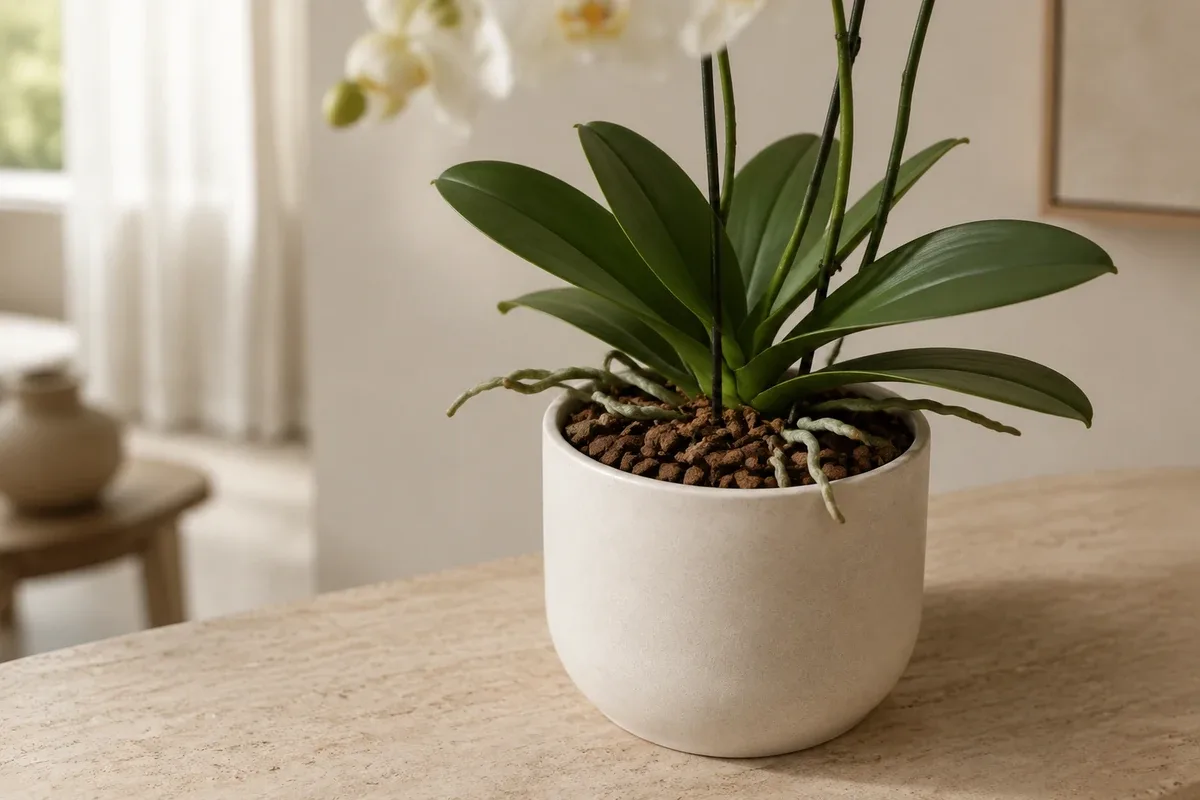 Détails du pot, des racines et des feuilles d’une orchidée artificielle.