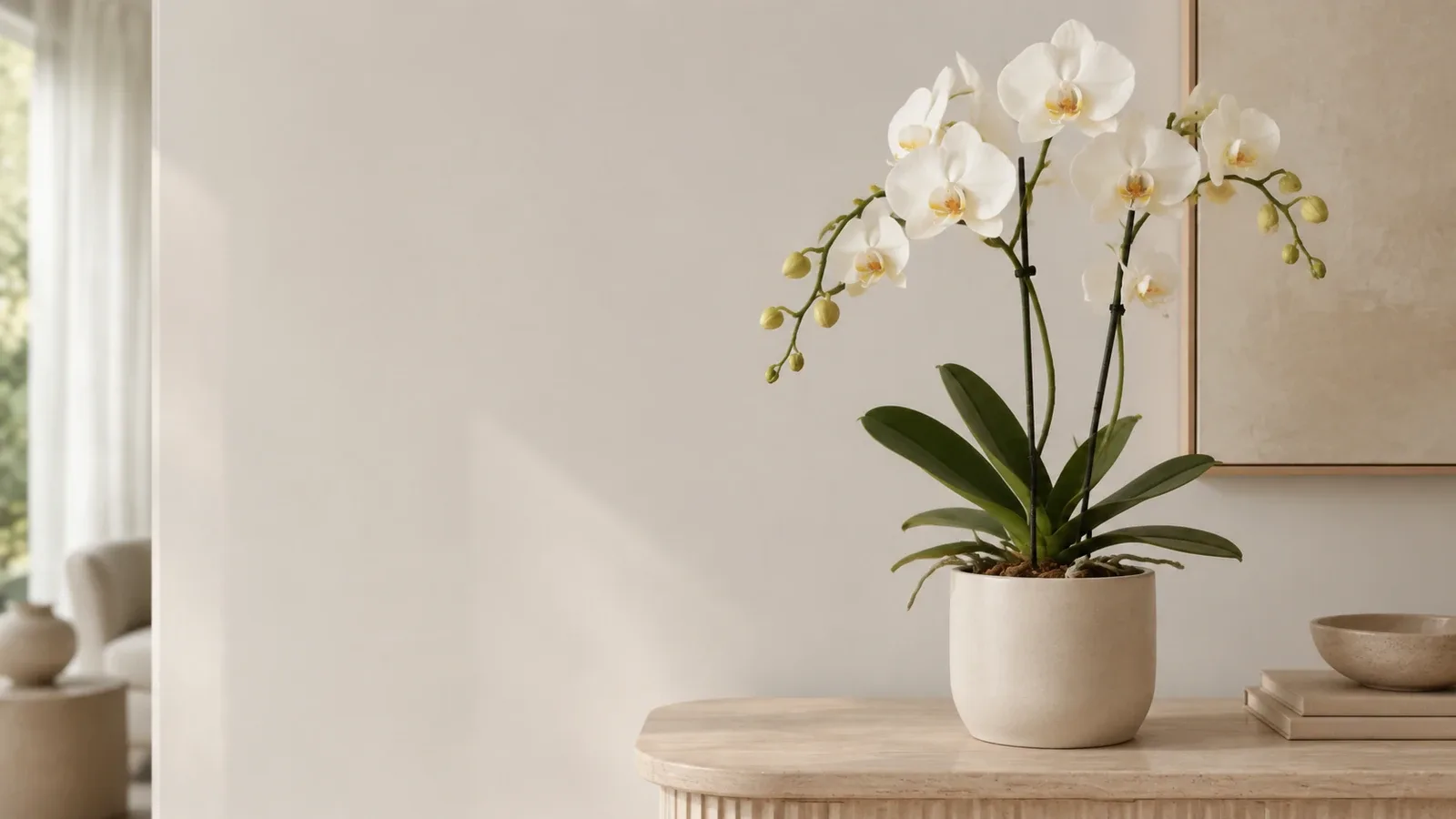 Orchidée artificielle réaliste en pot dans un intérieur lumineux.