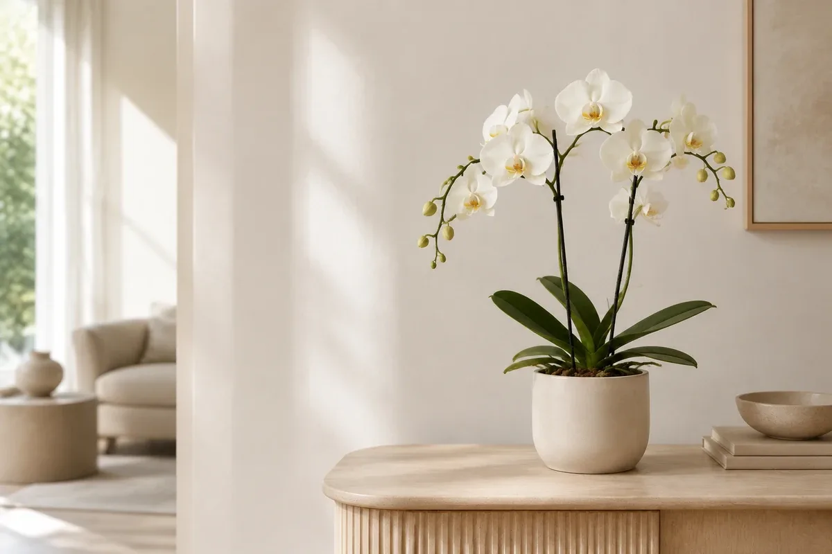 Orchidée artificielle en pot mise en scène sur une console claire.