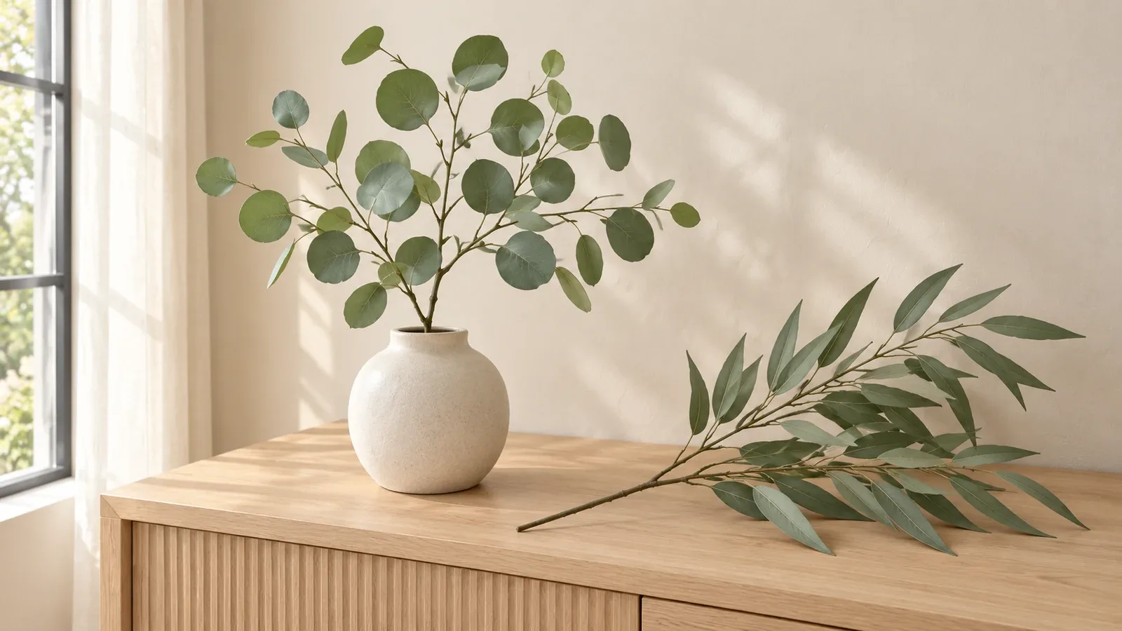 Branche d’eucalyptus artificiel à feuilles arrondies dans un vase ivoire, et branche à feuilles allongées posée en diagonale sur une console en bois clair.