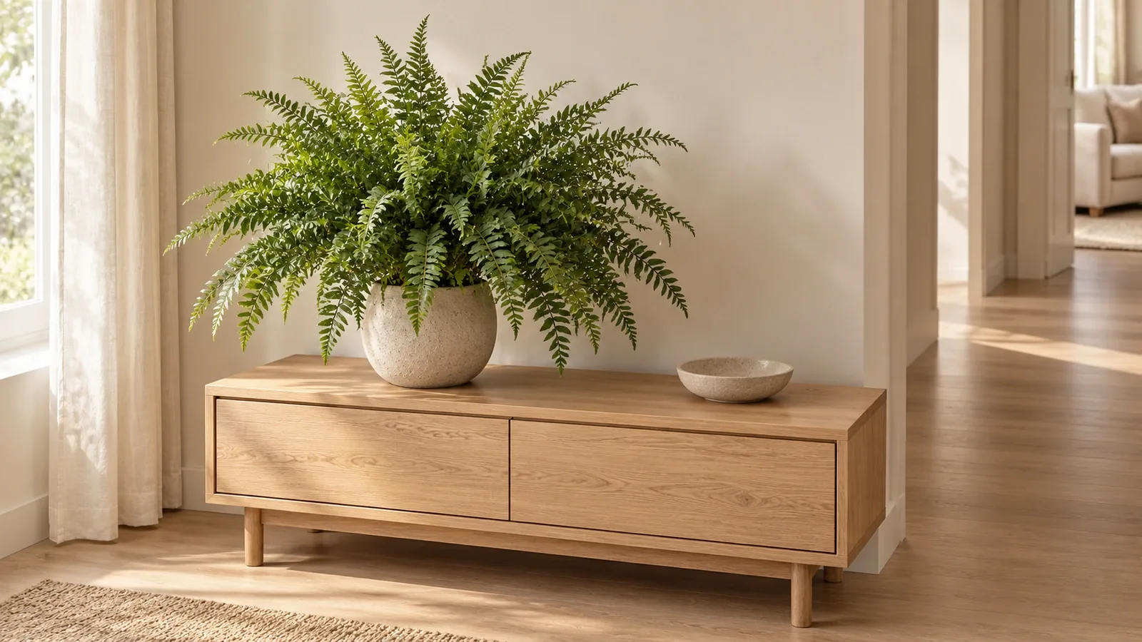 Fougère artificielle aux frondes arquées dans un cache-pot beige entièrement posé sur une console en bois clair, avec vide-poche accessible et passage libre à droite.