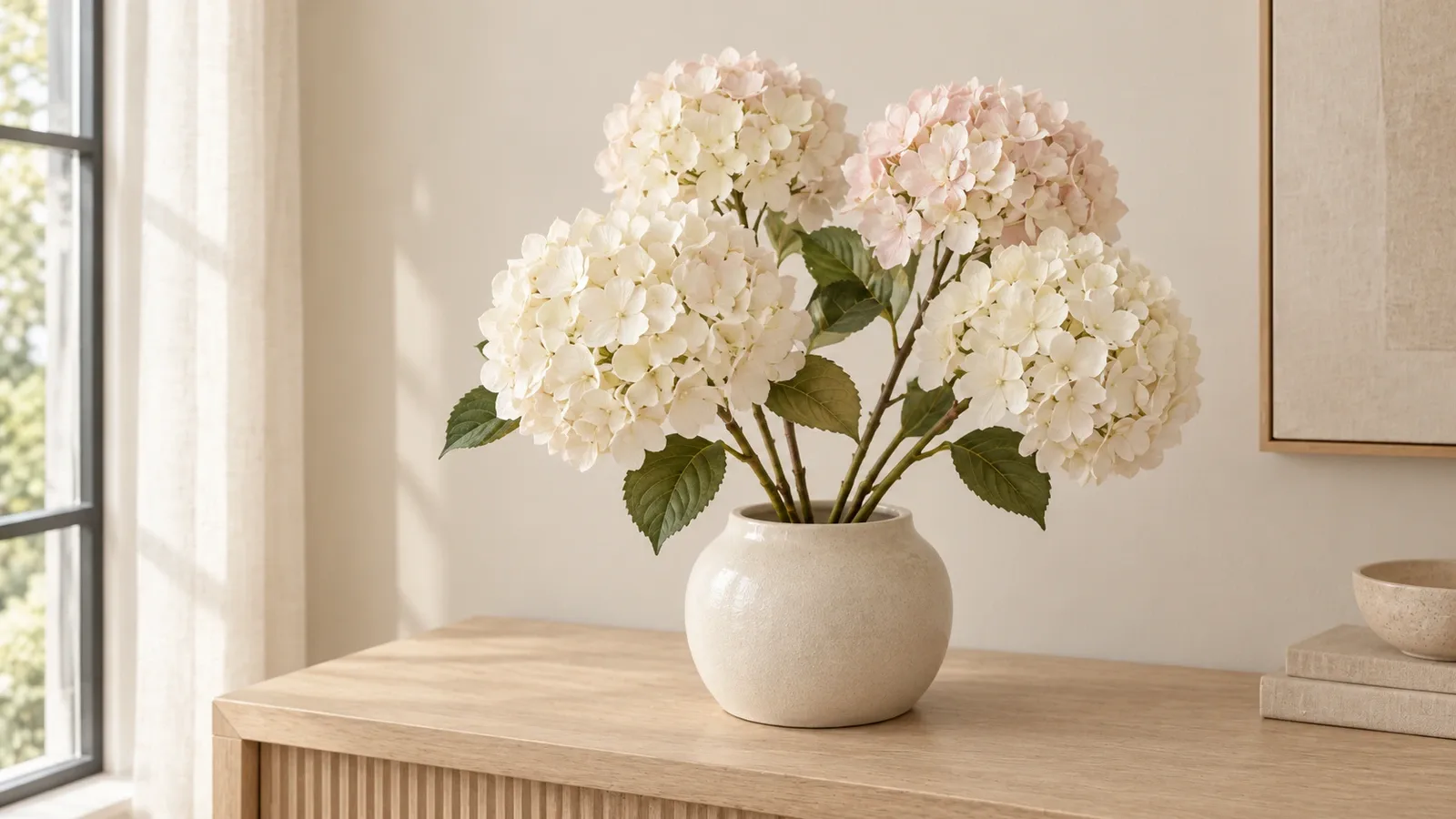 Bouquet d’hortensias artificiels aux têtes arrondies décalées et partiellement superposées, avec ramifications et tiges visibles dans le col ouvert du vase