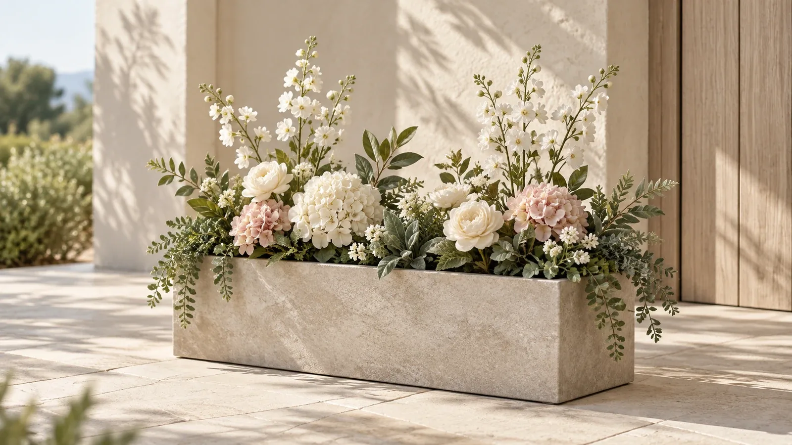 Jardinière de fleurs artificielles blanches et roses avec feuillages sur une terrasse claire