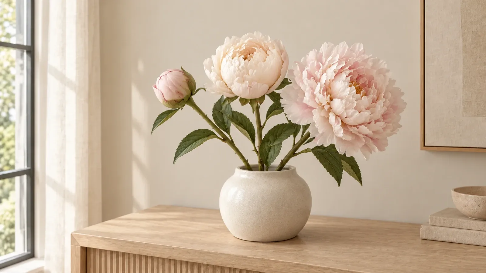 Pivoines artificielles en bouton, entrouverte et ouverte dans un vase ivoire, avec une corolle arrondie vue de trois-quarts.