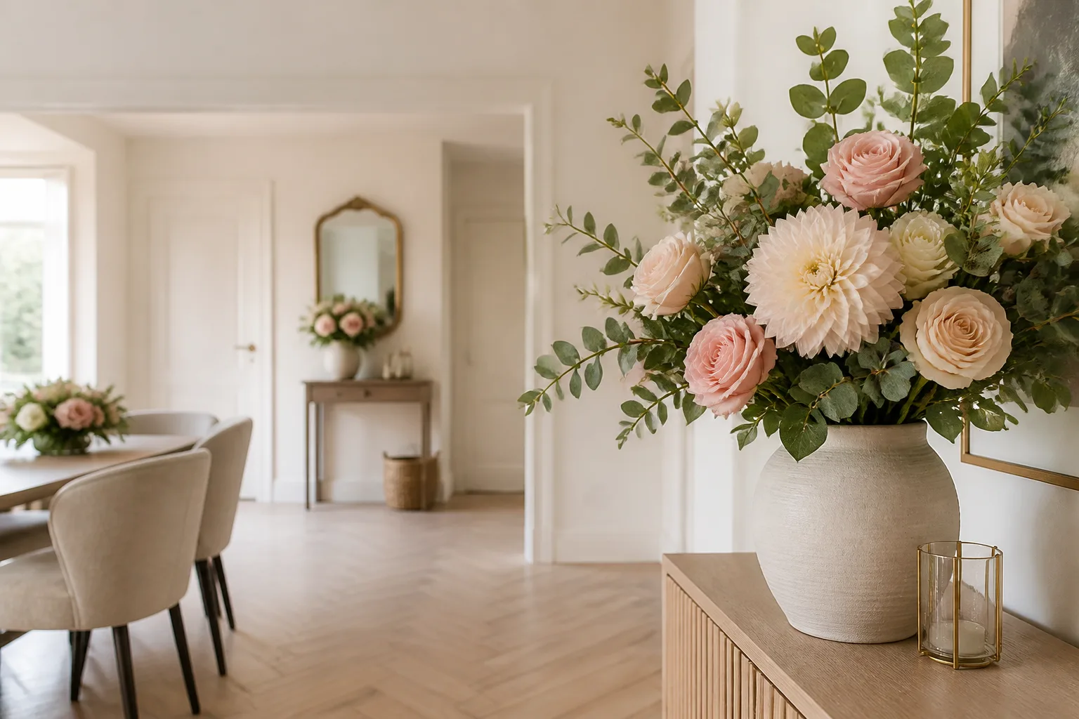 Fleurs artificielles réalistes dans un salon, une salle à manger et une entrée élégants